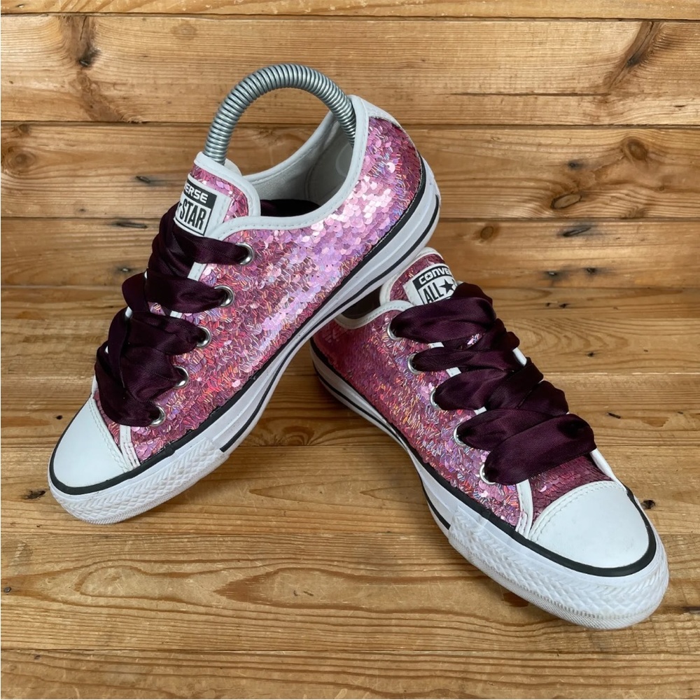 CONVERSE All Star Trainers Size UK 4 Womens Pink Sequin Glitter Lace Up Shoes - Picture 8 of 13